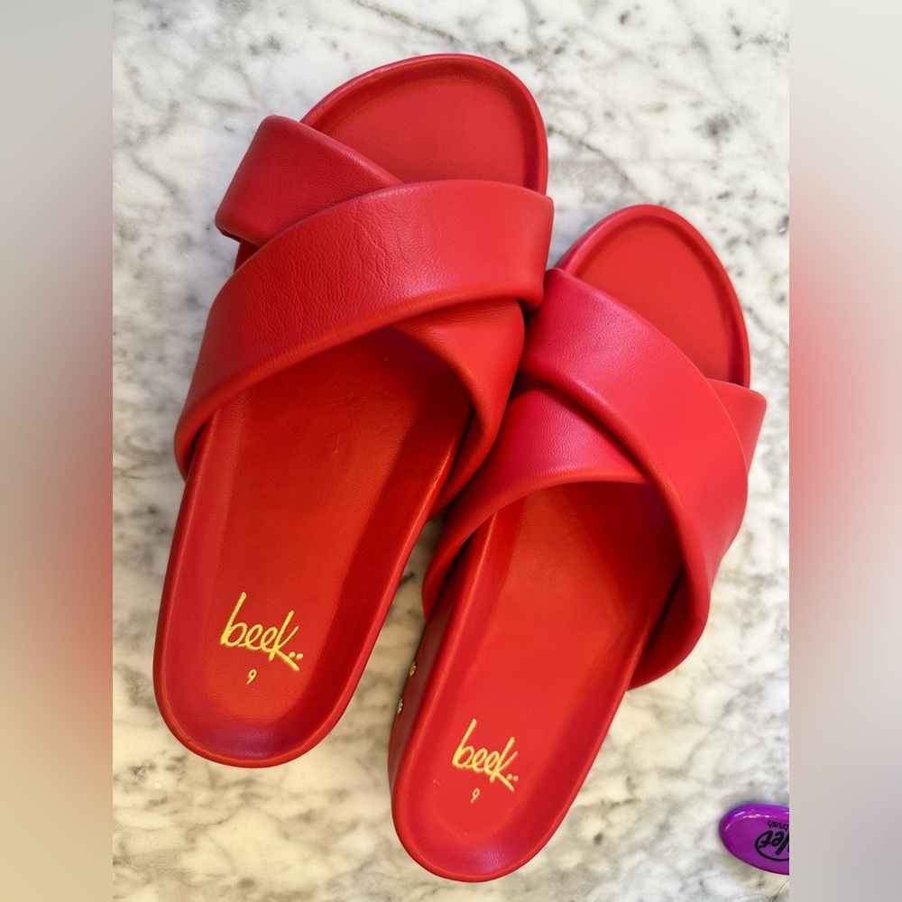 BEEK RHEA LEATHER PLATFORM SANDAL SLIDE-RED-SIZE 9